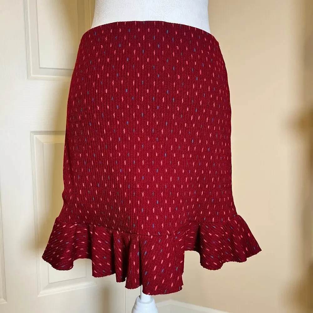Free People Red Sweater Skirt Ruffle Bottom Pink and Blue Dash Print Size Medium